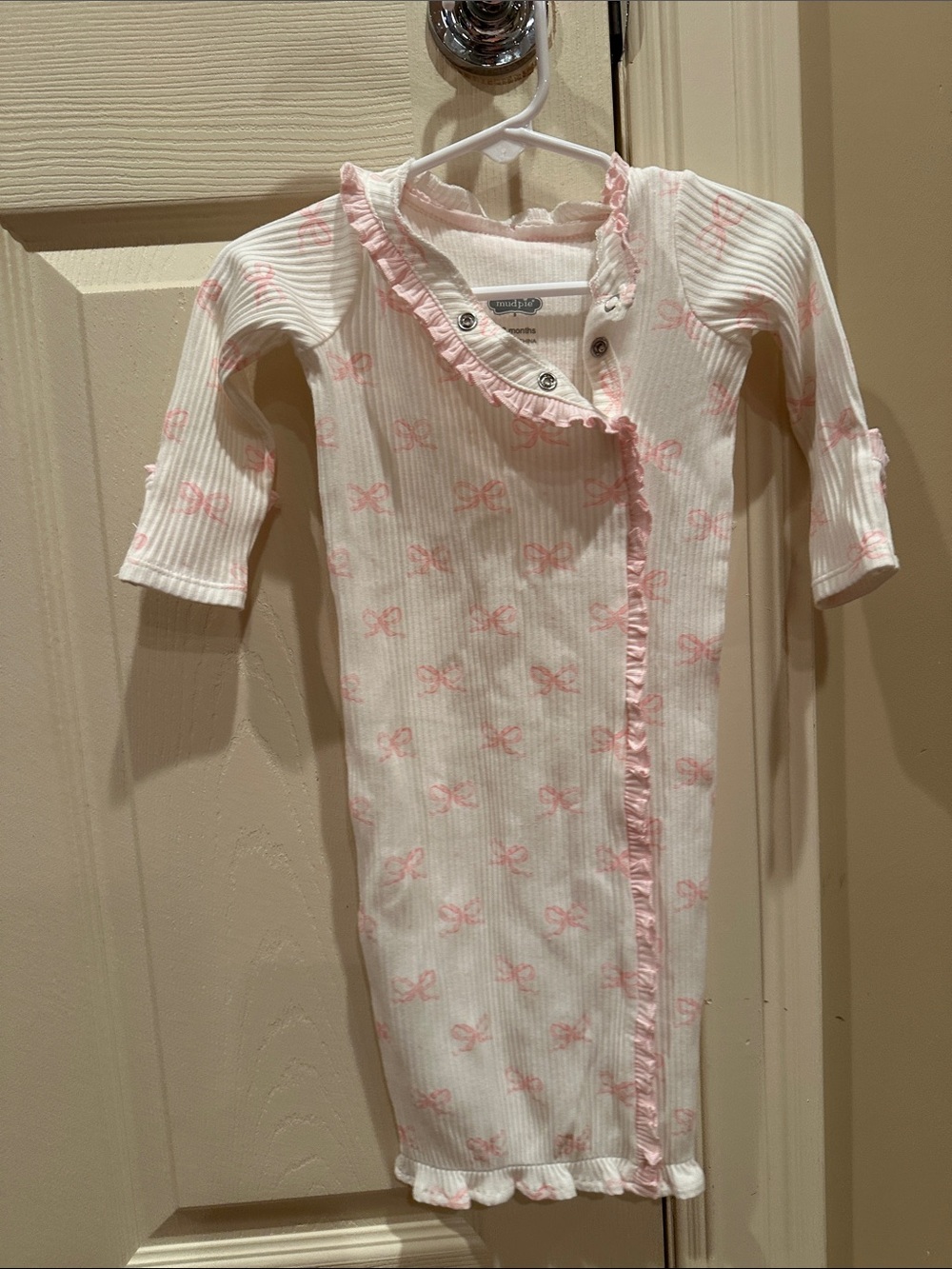 Mud Pie White and Pink Infant Gown with Bow Print
